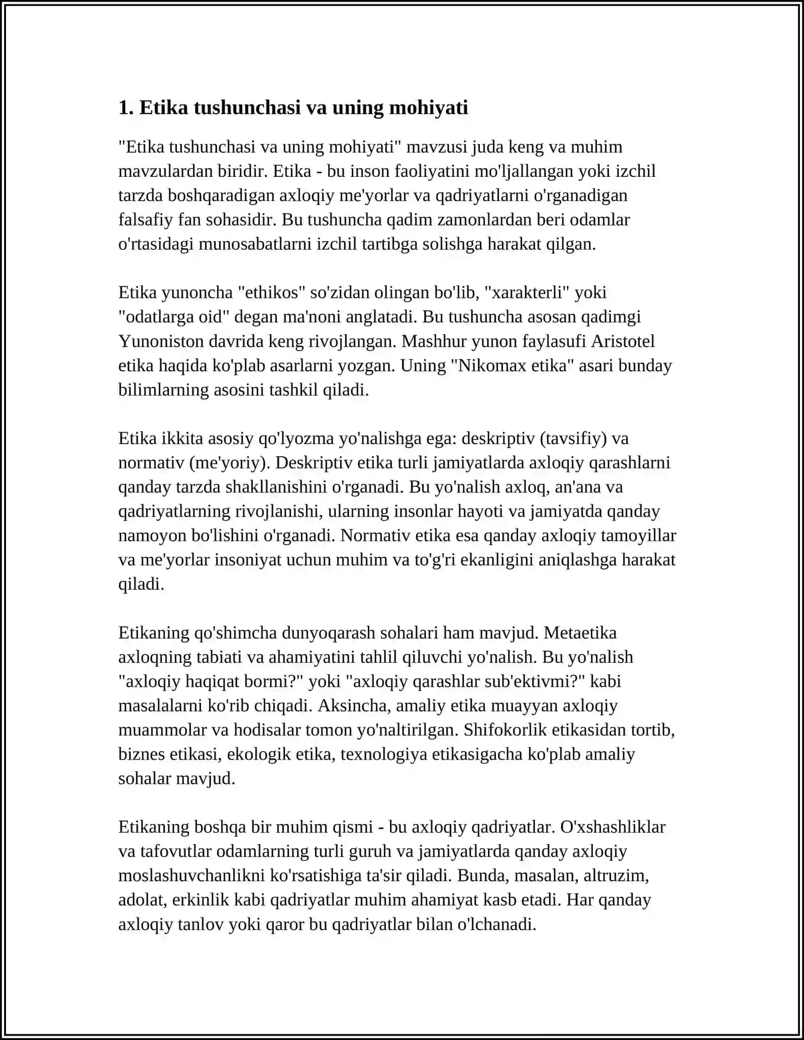MUSTAQIL ISH Mavzu: ETIKANING MOHIYATI VA AHAMIYATI 3