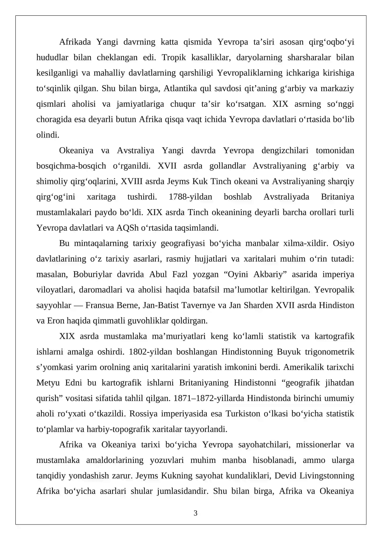 Yangi davrda Osiyo, Afrika, Okeaniya va Avstraliya tarixiy geografiyasi 3