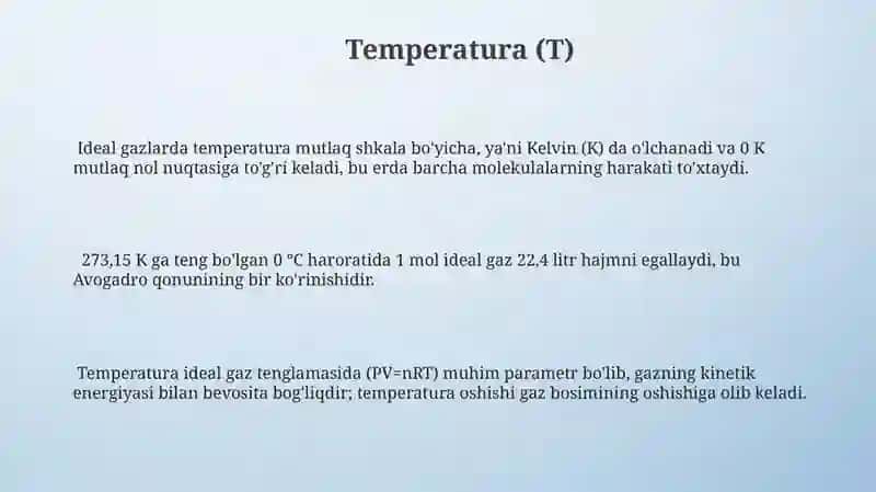 Ideal gazlar va ularning asosiy parametrlari. Ideal gazning holat tenglamasi 3