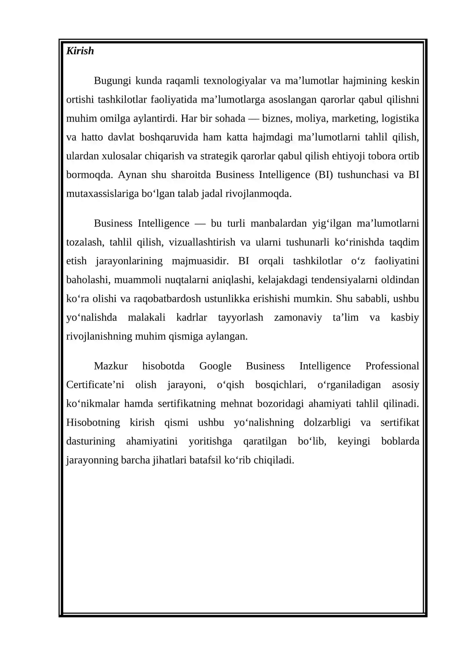 GOOGLE BUSINESS INTELLIGENCE PROFESSIONAL CERTIFICATE’NI OLISH JARAYONI 3
