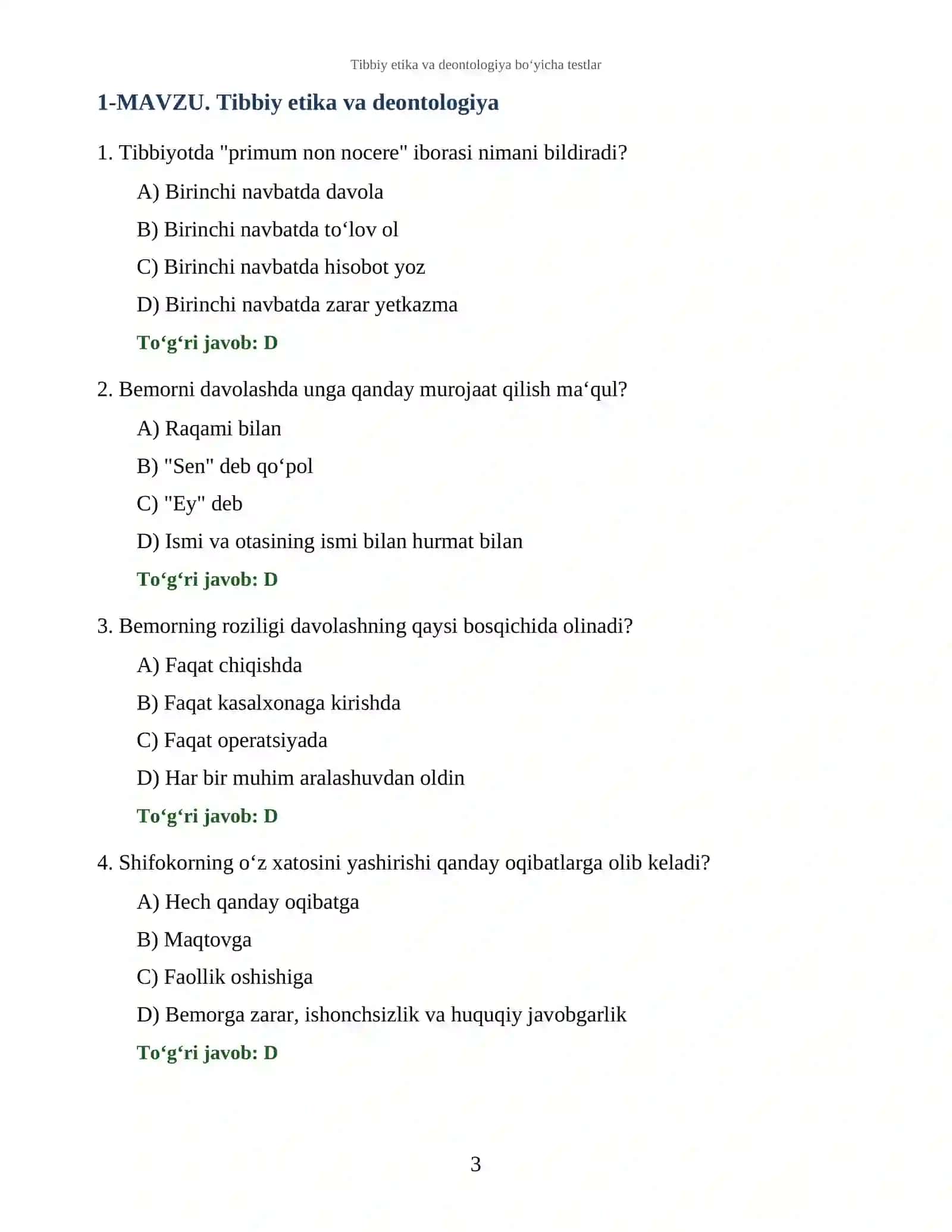 Tibbiy etika va deontologiya bo‘yicha testlar 3