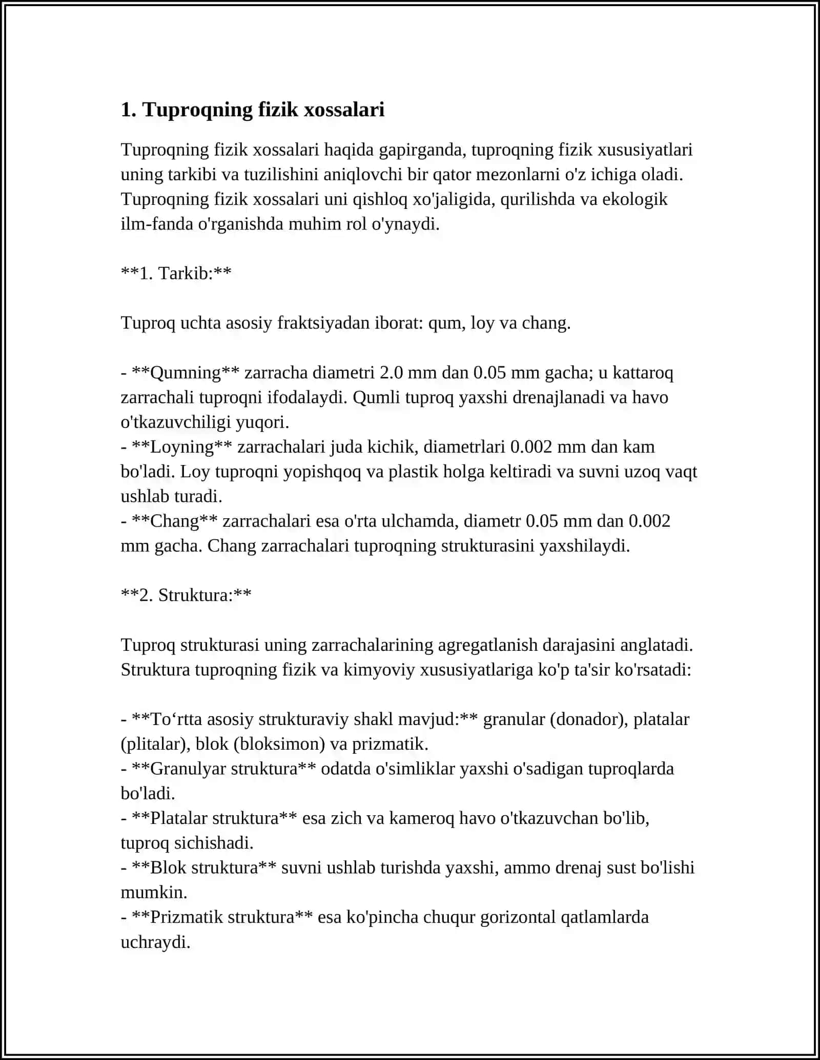 MUSTAQIL ISH Mavzu: TUPROQNING UMUMIY FIZIK XOSSALARI.TUPROQ STRUKTURASI 3