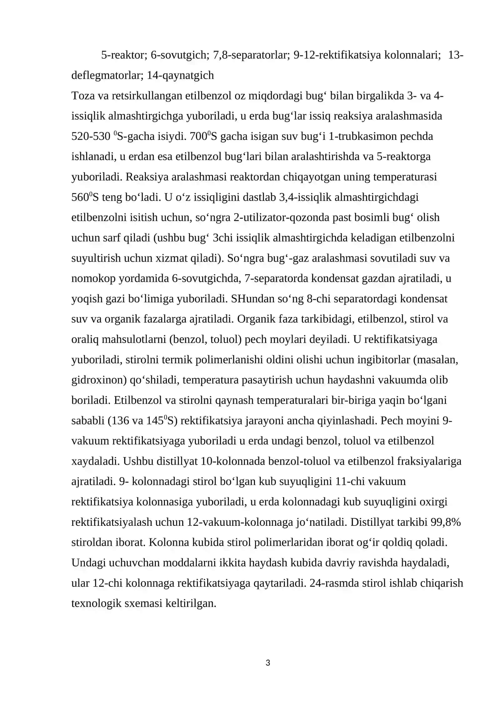 Etilbenzol va blokli polistirol ishlab chiqarish texnologik sxemasi 3