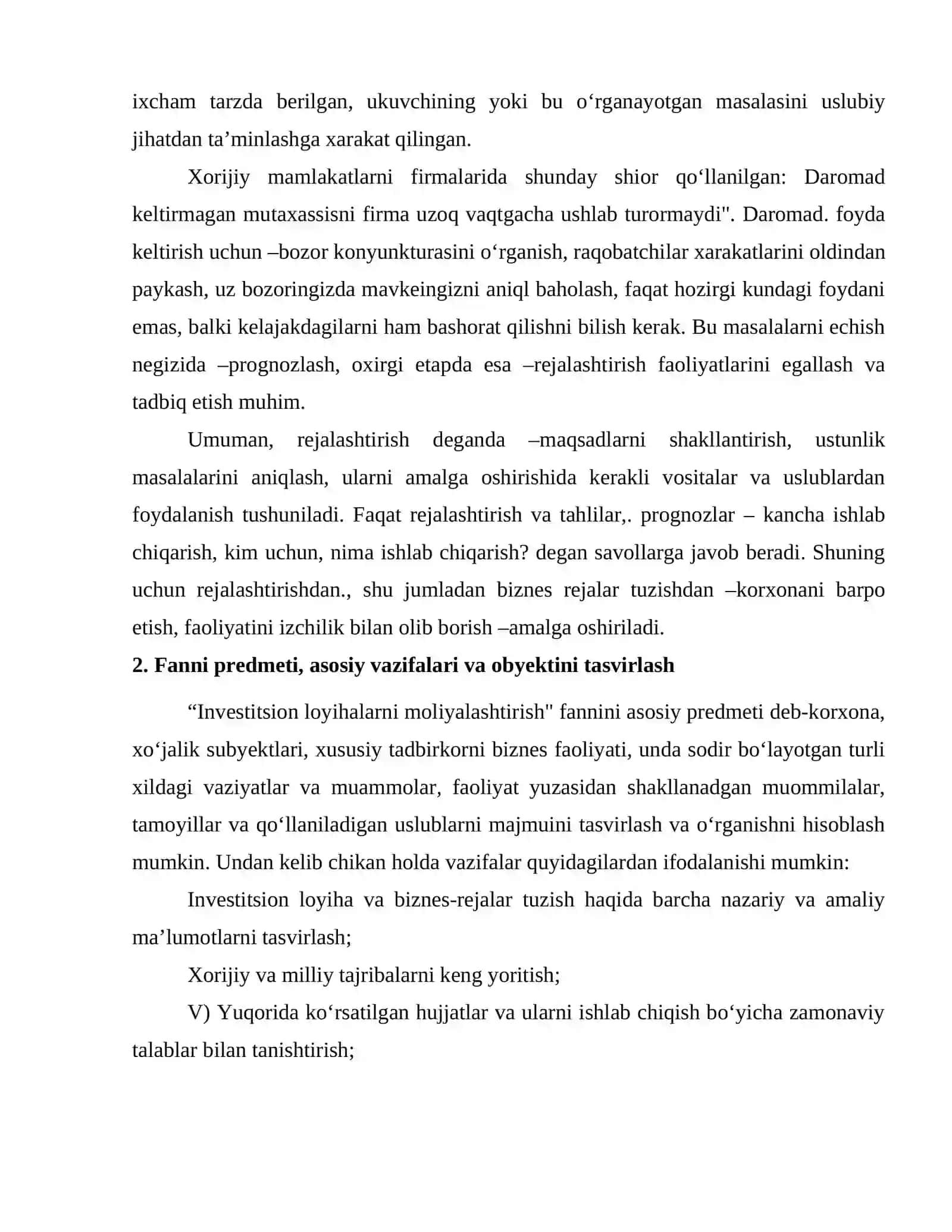 Investitsion loyihalarni moliyalashtirish fanining predmeti, obyekti va vazifalari 3