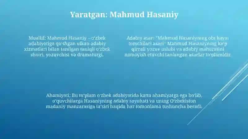 Mahmud Hasaniyning Obi Hayot Tomchilari Asari 3