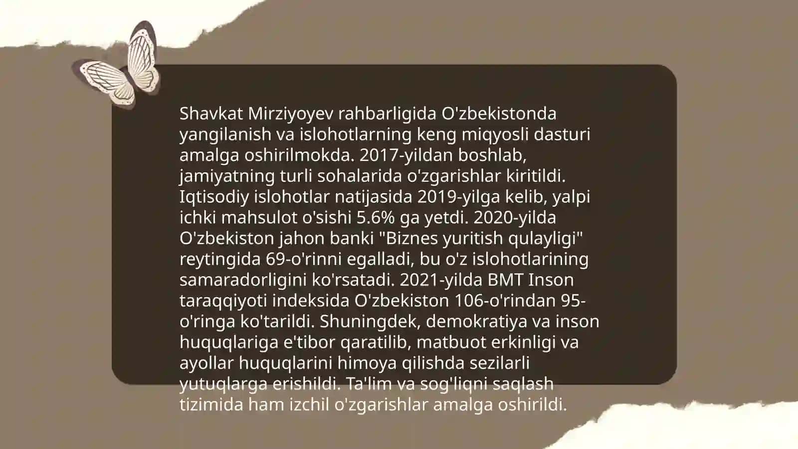 Yangi O'zbekistonda Sh.M.Mirziyoyev rahbarligi va tashabbusi ostida amalga oshirilayotgan islohatlar 3