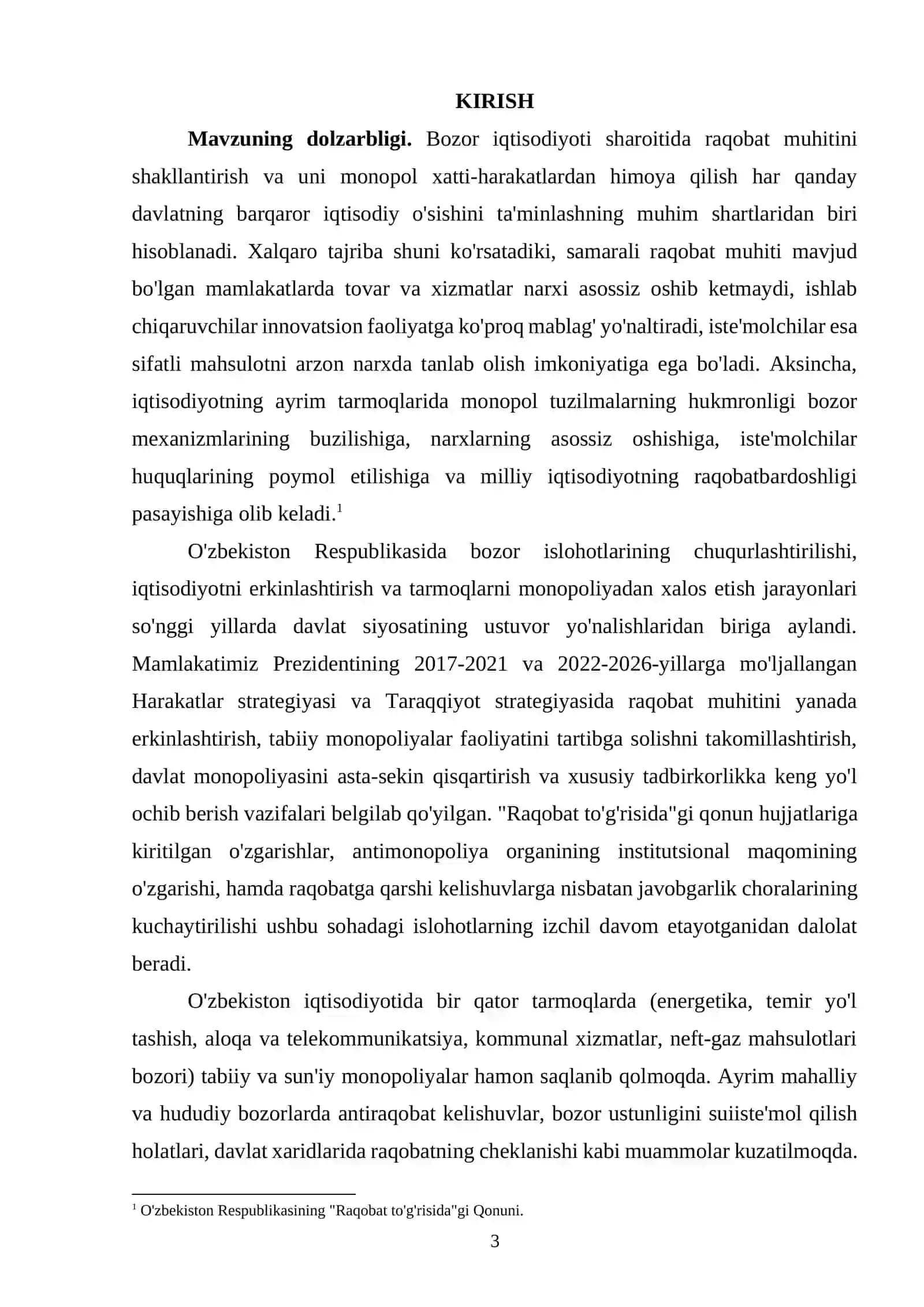 O'zbekistonda monopoliyaga qarshi siyosat va raqobatni rivojlantirish hamda himoya qilishni yanada k 3