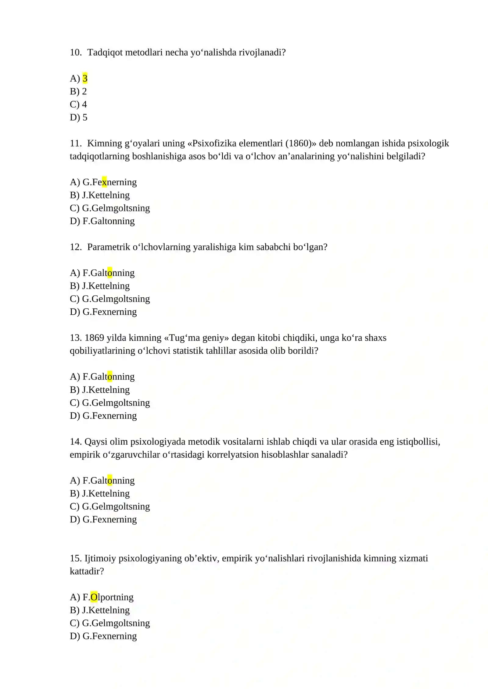 Psixologiyada matematik usullar fanidan test savollari 3