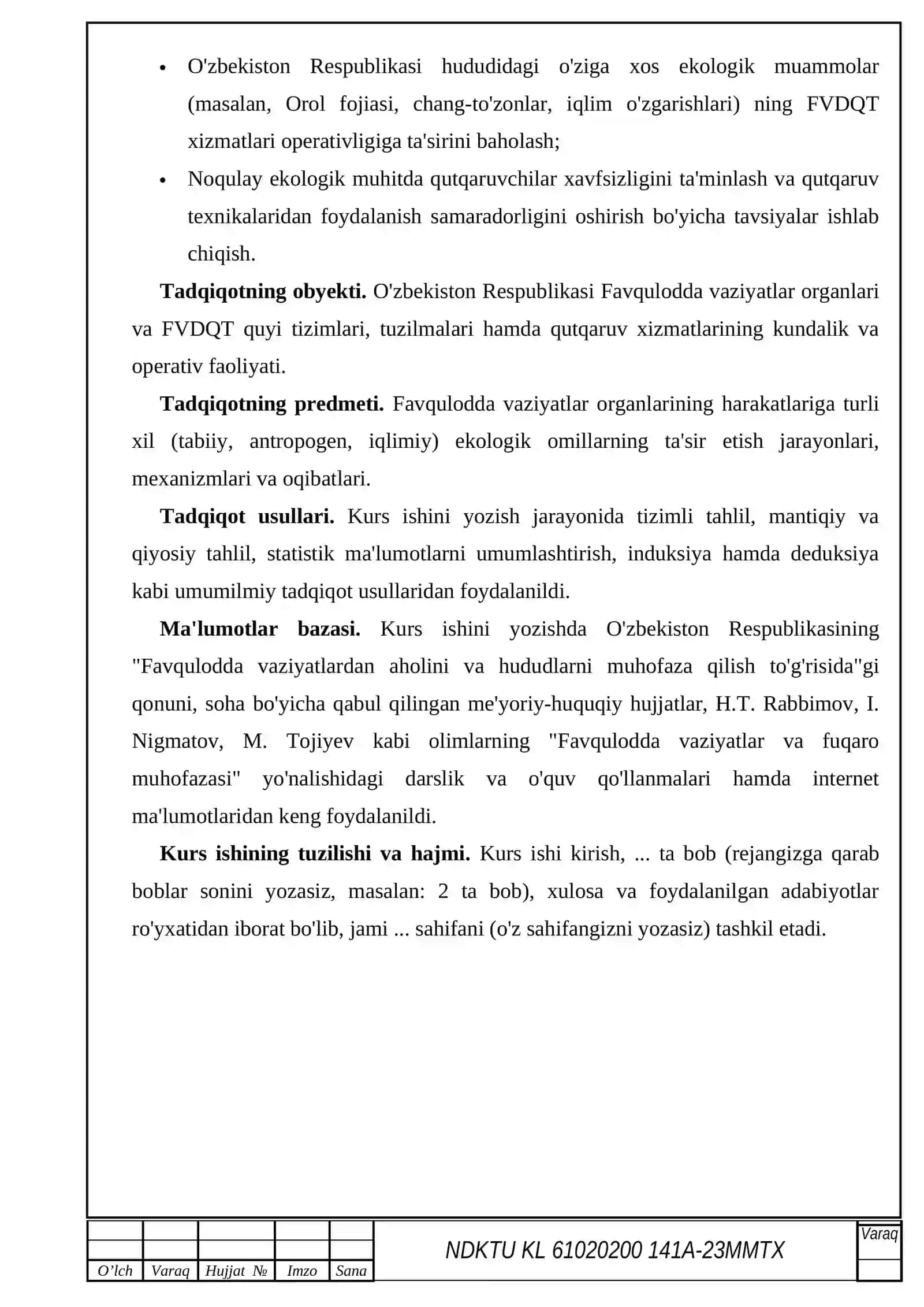 FAVQULODDA VAZIYATLAR ORGANLARI FAOLIYATIDA EKOLOGIK XAVFLARNI AMALIY BAHOLASH (kurs ishi)3-4-5kurs 3