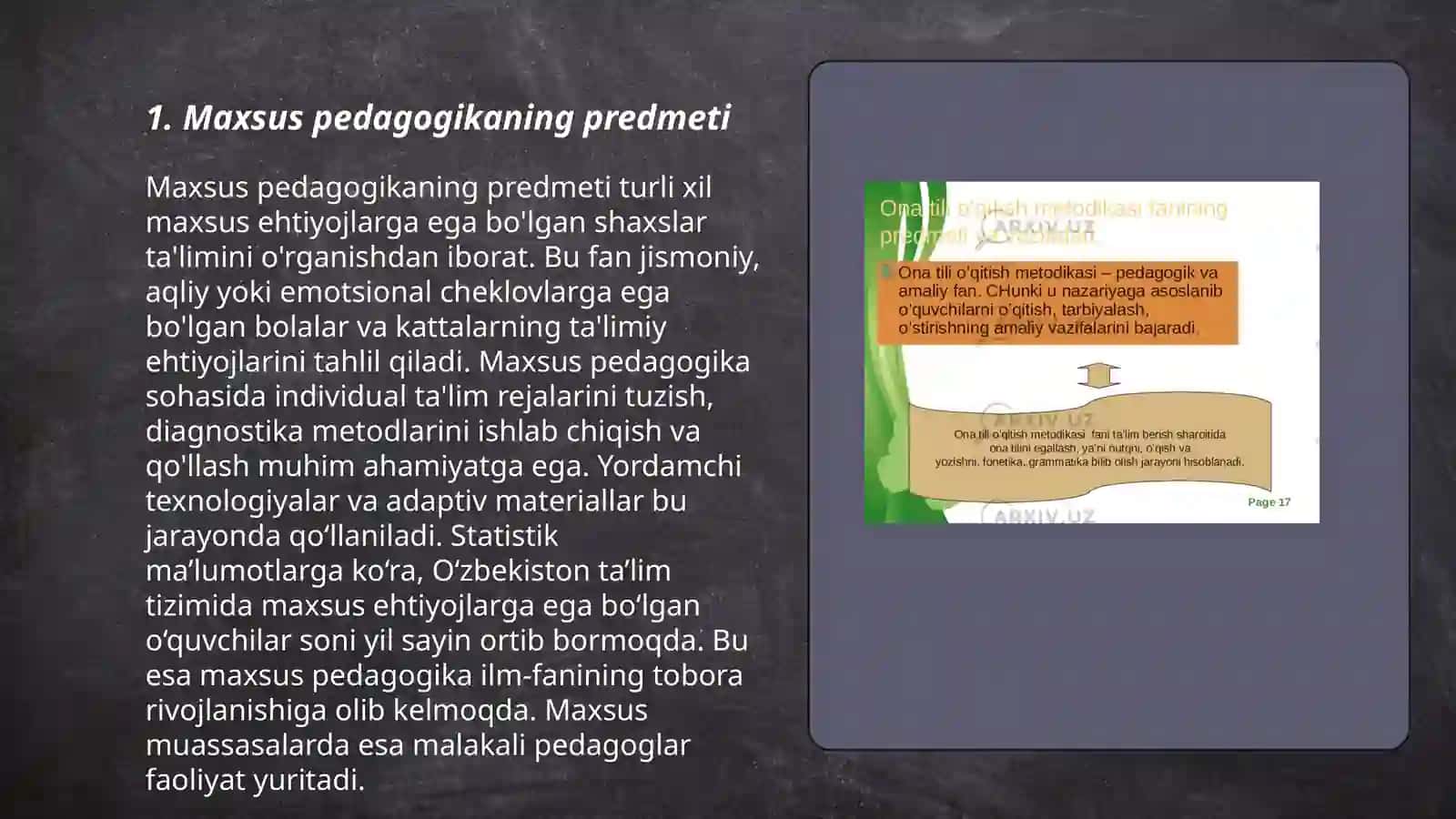 Maxsus pedagogika fanining predmeti ob'ekti boshqa fanlar bilan aloqasi fanining umumiy asoslari. Maxsus pedagogika fanining umumiy masalalari. Aqliy rivojlanishida nuqsoni bo'lgan bolalar 3