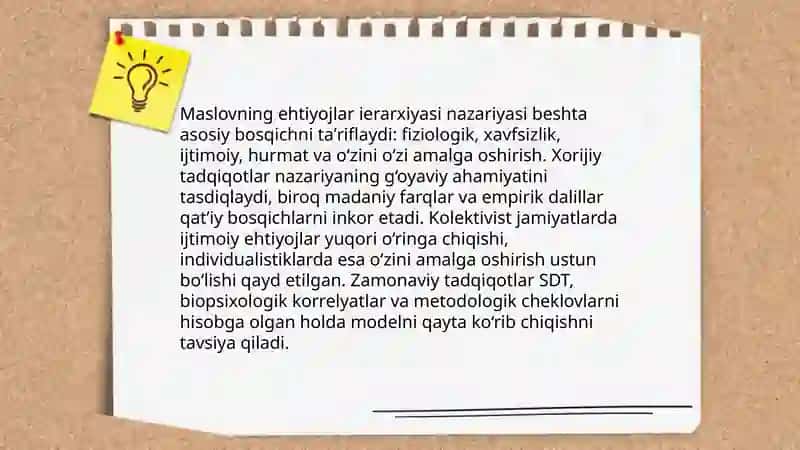 Maslovning ehtiyojlar ierarxiyasi nazariyasi va uning xorijiy tadqiqotlardagi tahlili 3