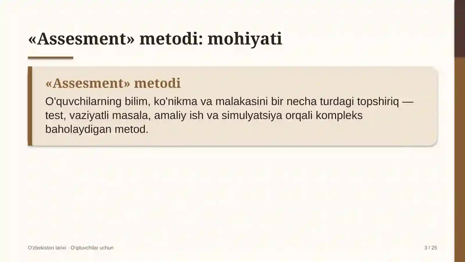 o'zbekiston tarixi darslarida assesment metodidan foydalanish 6600 3