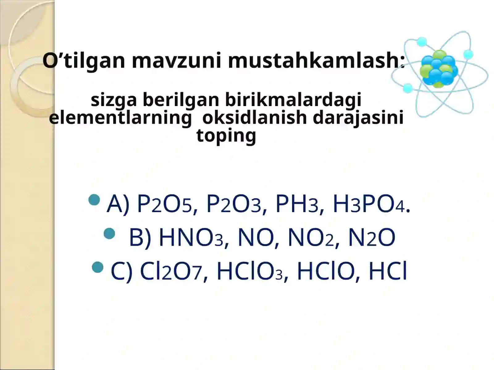 11-sinflarda oksidlanish-qaytarilish reaksiyalarini yarimtareaksiya usulibilantenglashtirish mavzusida taqdimoti 3