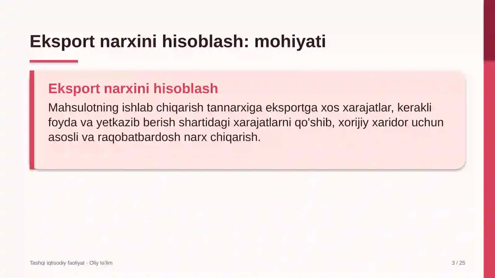 Aksiyadorlik jamiyatlarida eksport narxini hisoblash 3