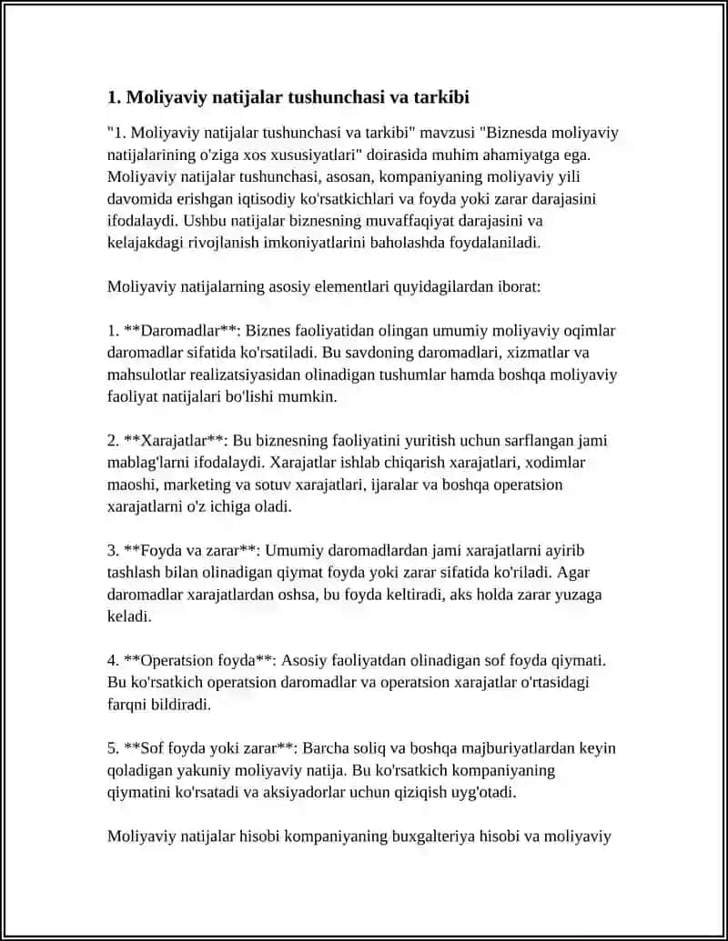 BIZNEZDA MOLIYAVIY NATIJALARNING O'ZIGA XOS XUSUSIYATLARI 3