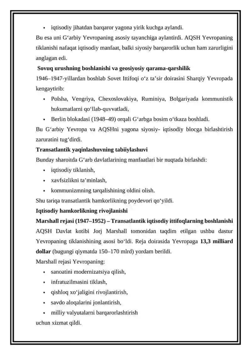 Transatlantik iqtisodiy va harbiy hamkorlikning shakllanishi Referat 3