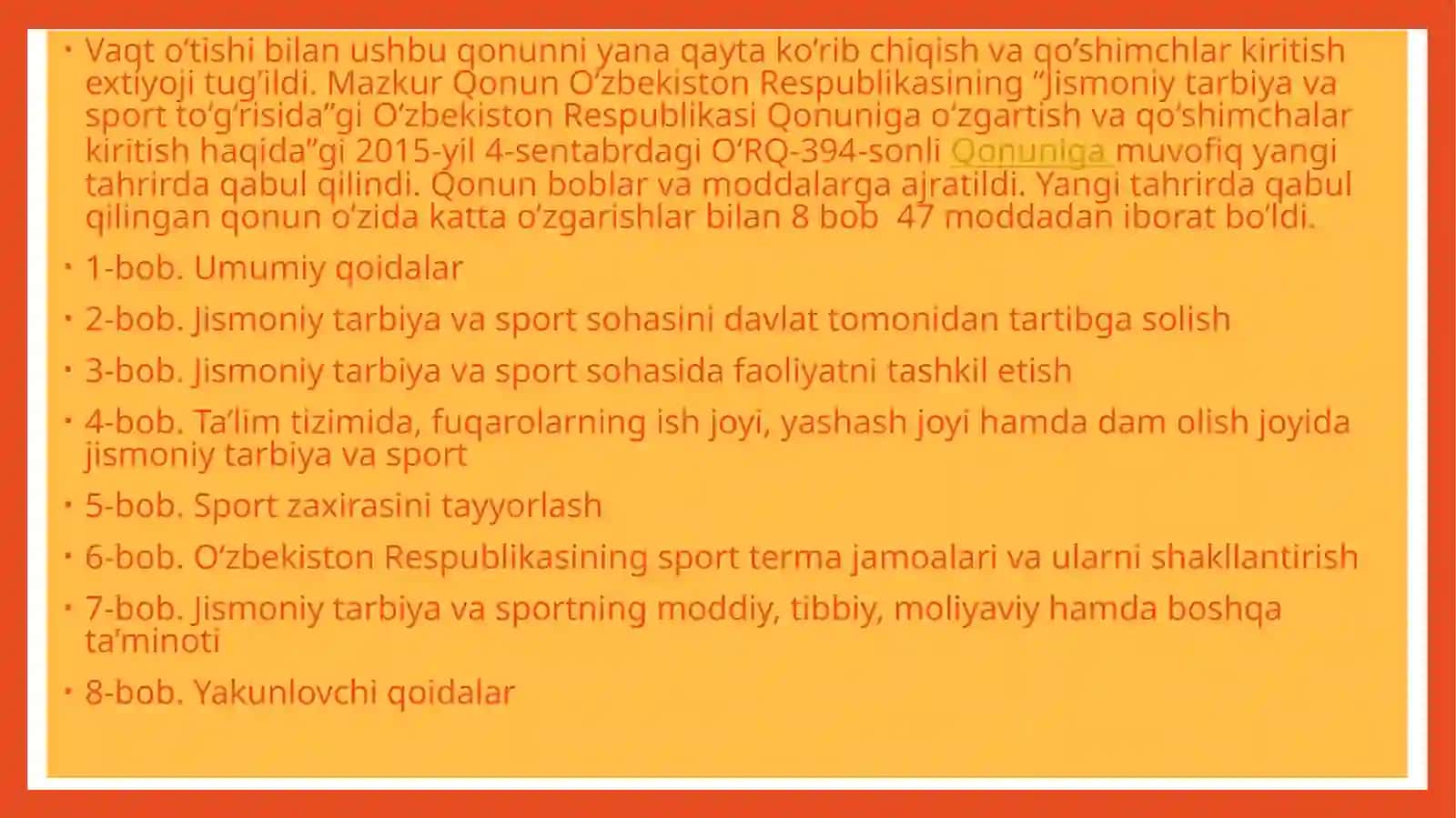 O‘zbekiston Respublikasi hukumatining jismoniy madaniyat va sport bo‘yicha qabul qilgan hujjatlarining ahamiyati 3