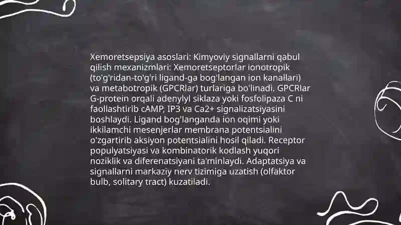 Xemoretsepsiya gormonlar va mediatorlar retsepsiyasi tashqi signallarni sezish organlari retsepsiyasi 3