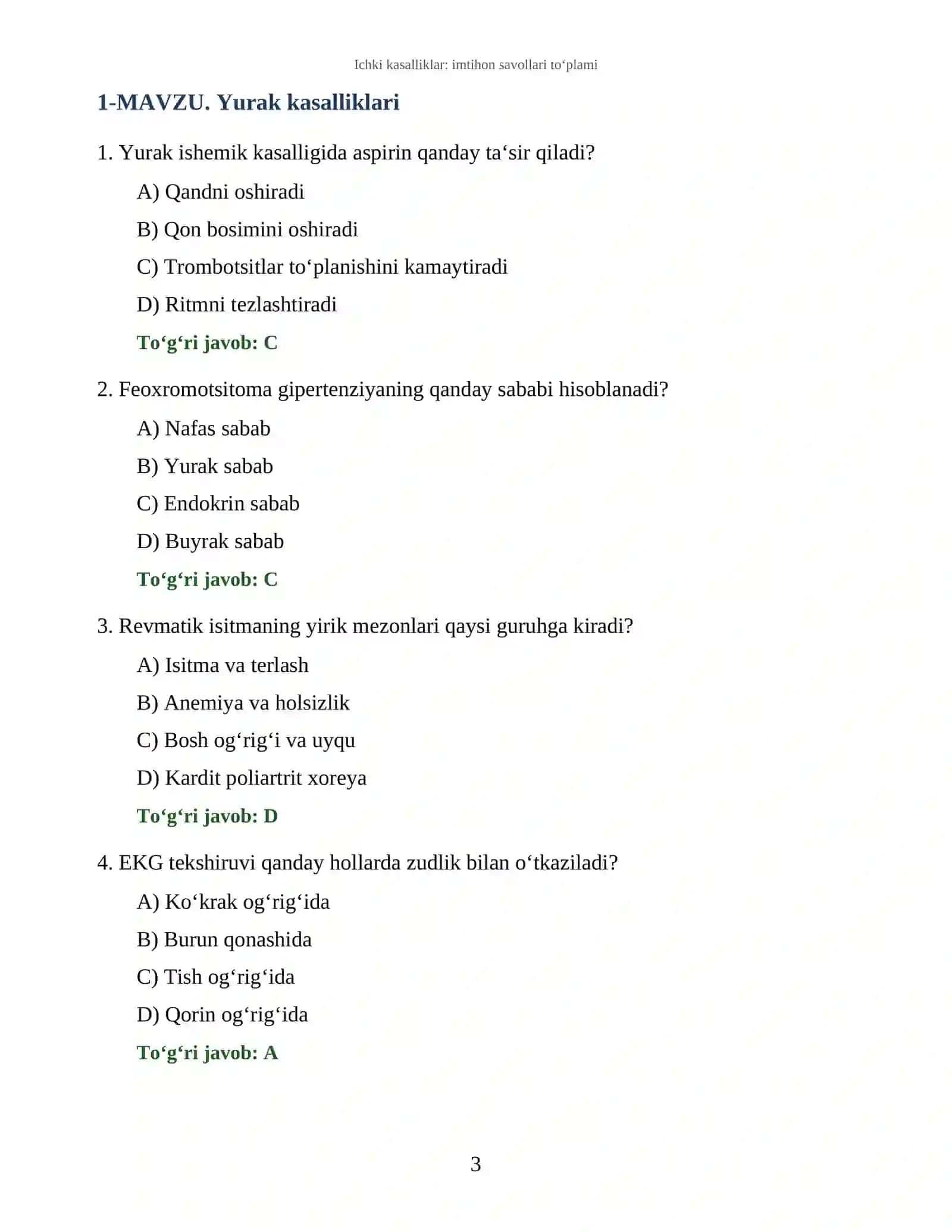Ichki kasalliklar: imtihon savollari to‘plami 3
