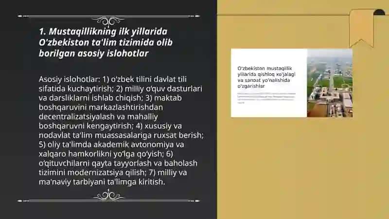 Mustaqillikning ilk yillarida O'zbekiston ta'lim tizimida olib borilgan asosiy islohotlar 3