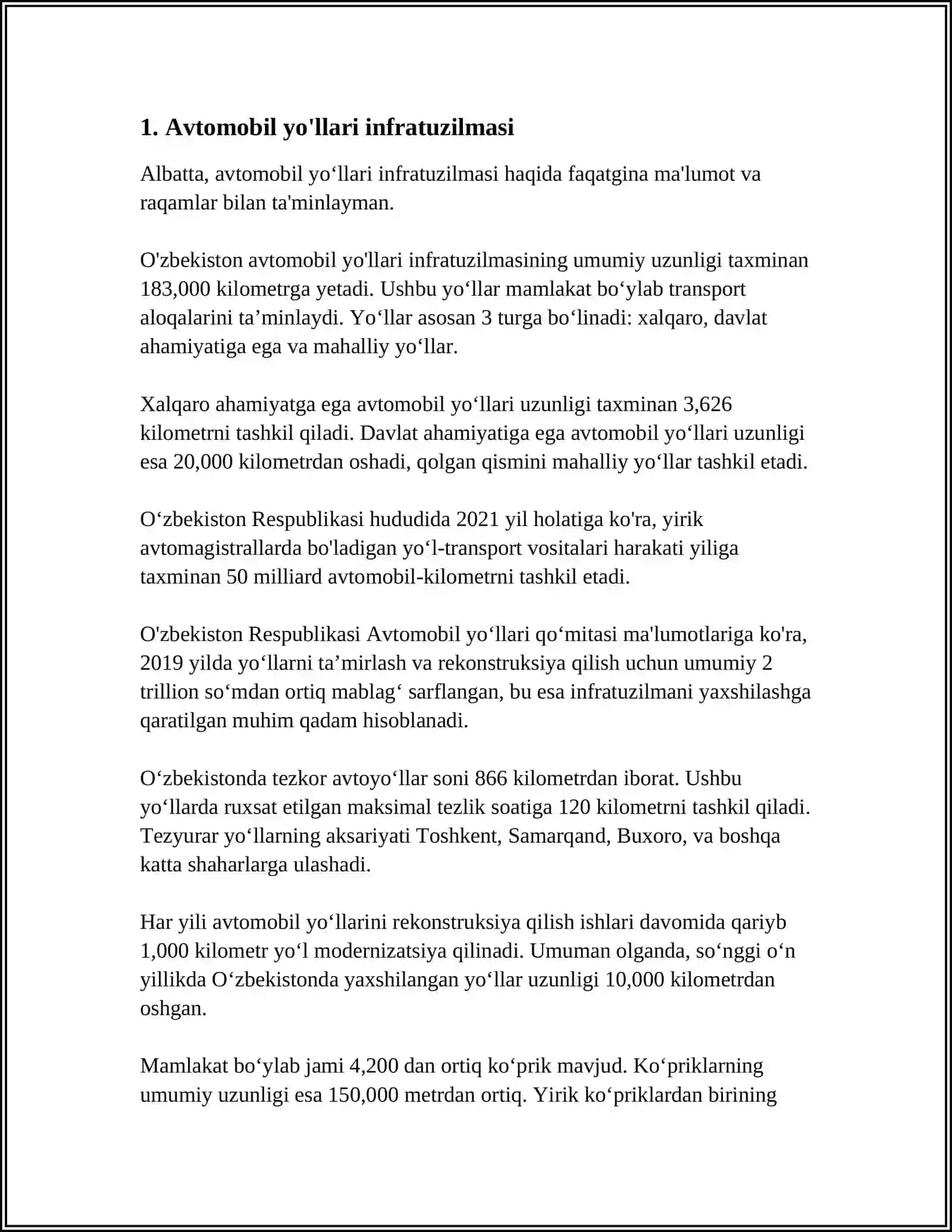 TRANSPORT INFRATUZILMASI BILAN BOG'LIQ ASOSIY TUSHUNCHALAR. TIZIMINI RIVOJLANTIRISHDAGI ASOSIY MUAMMOLAR 3