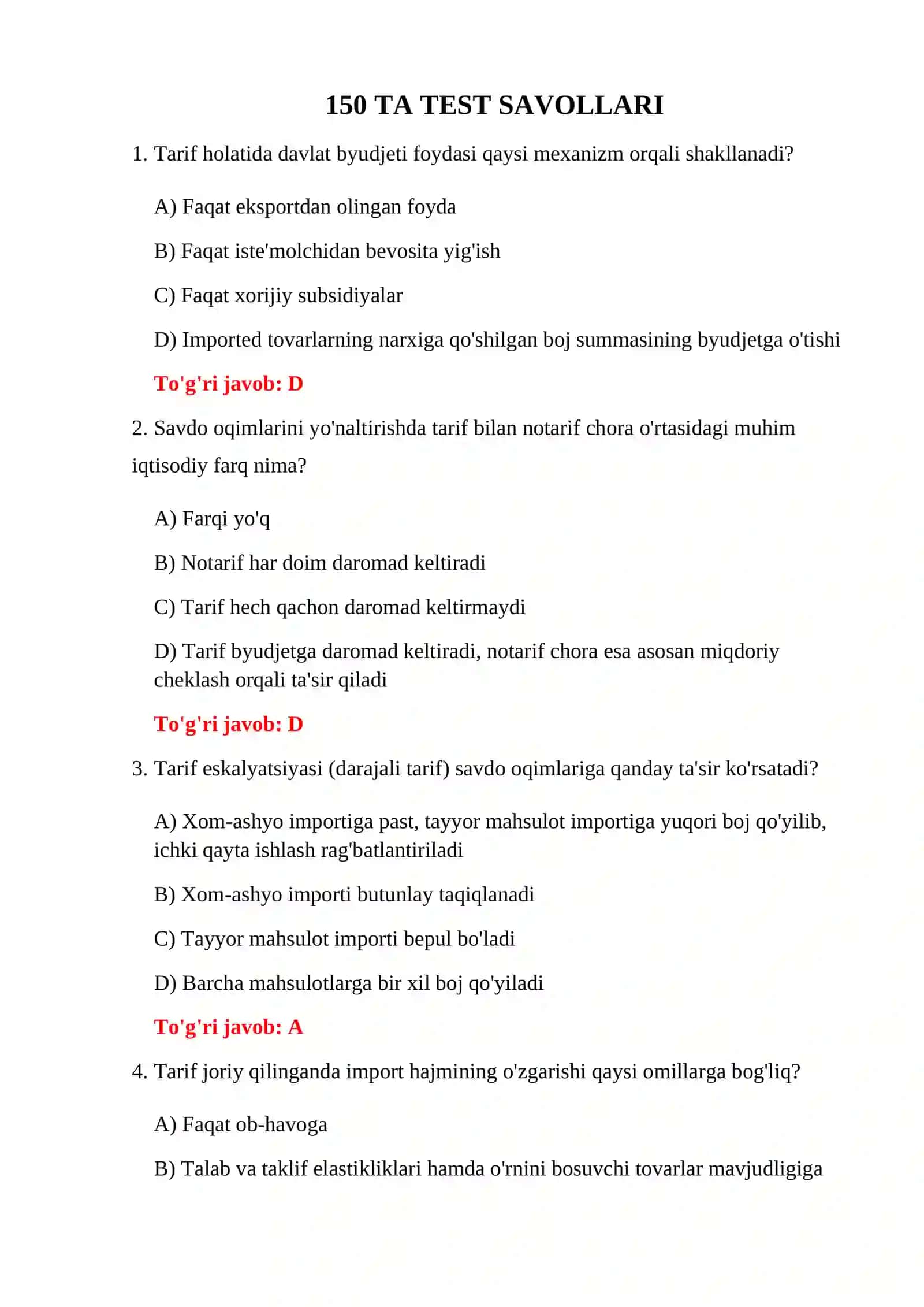 BOJXONA IQTISODIYOTI FANIDAN TESTLAR 3