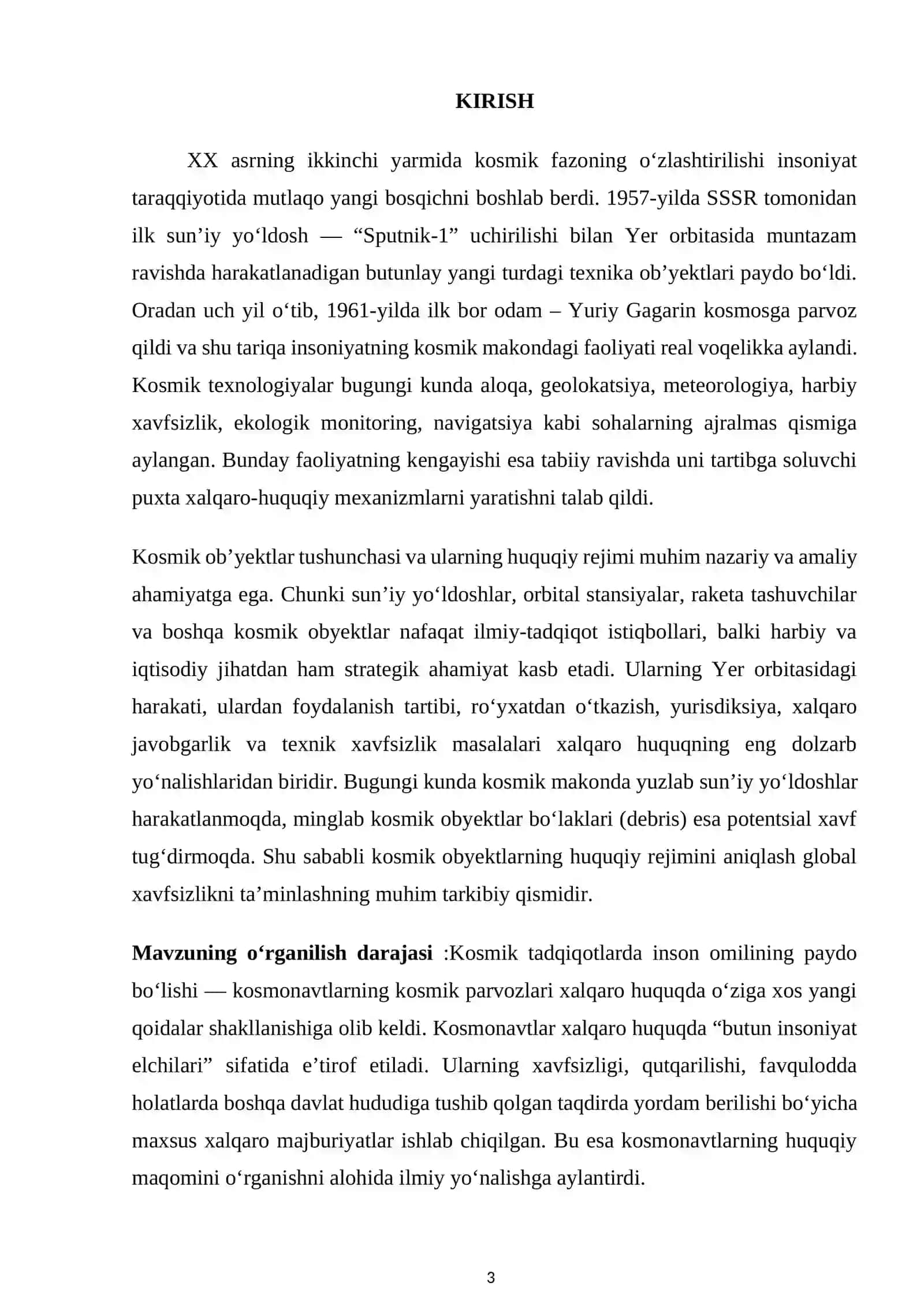 Xalqaro huquqda kosmik ob'yektlar tushunchasi va huquqiy rejimi. Kosmonavtlarning huquqiy maqomi 3