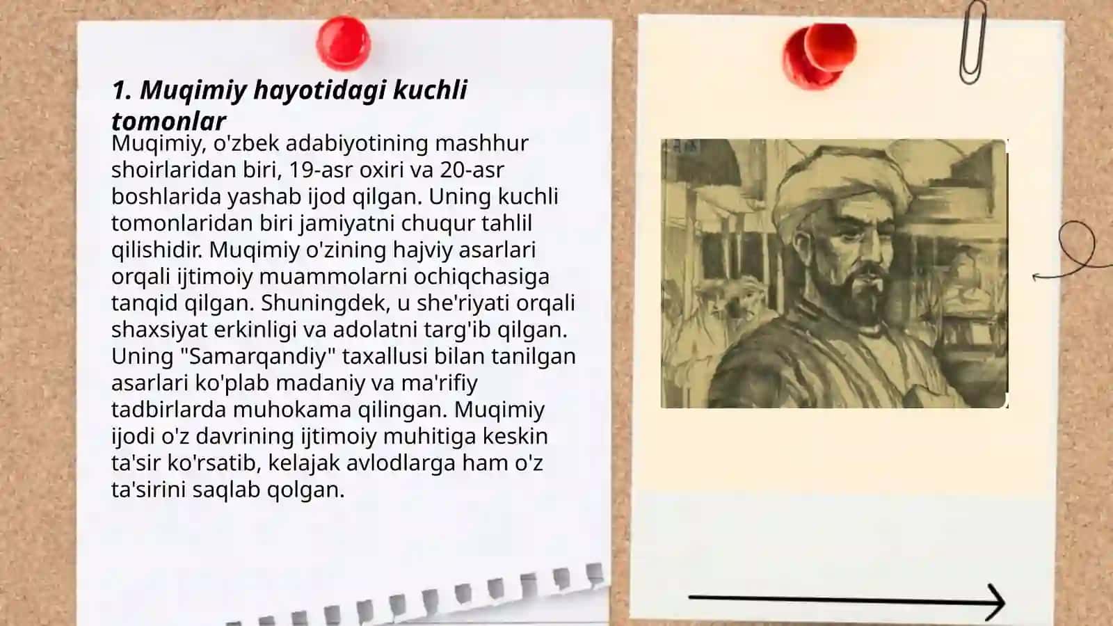 Muqimiy hayoti va ijodining kuchli va zaif tomonlari, davr bergan imkoniyatlar, tahdidlar (davrga xos muammolar ). SWOT tahlili asosida taqdimot 3