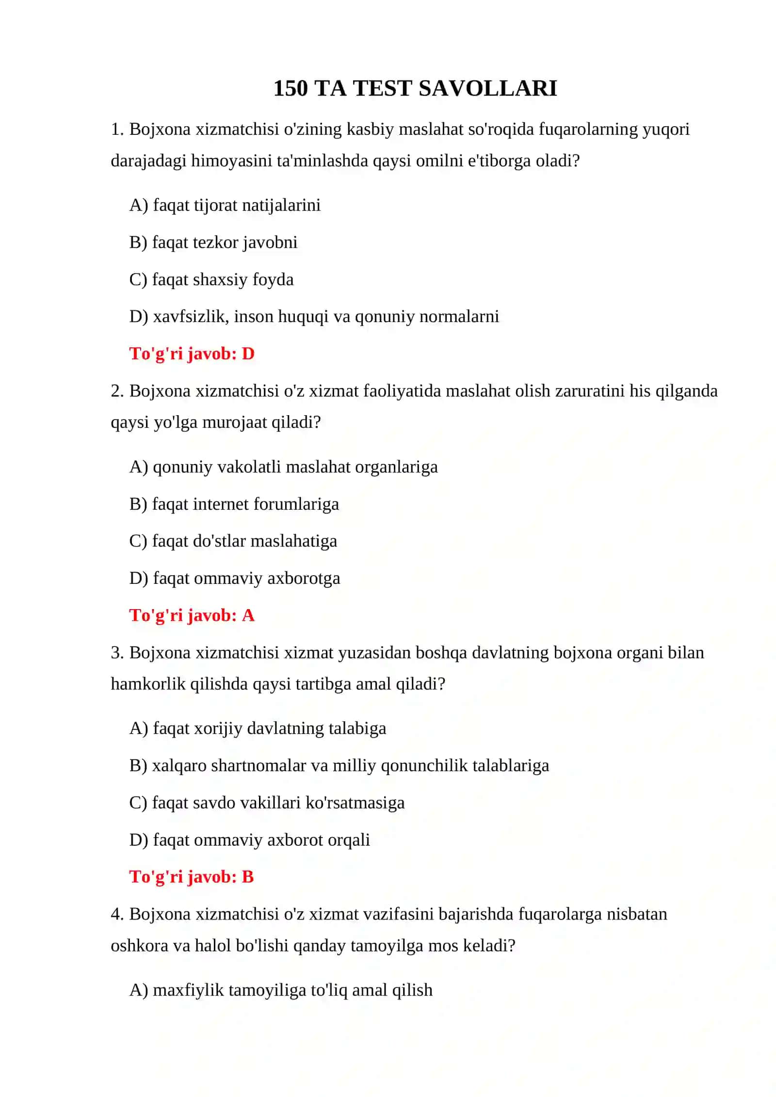 BOJXONA XIZMATI TASHKIL ETILISHI TESTLARI 3