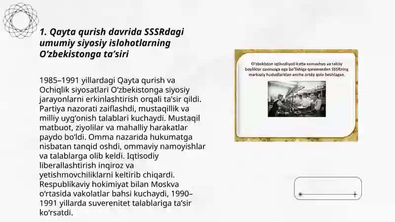 Qayta qurish davrida SSSRdagi umumiy siyosiy islohotlarning Oʻzbekistonga taʼsiri 3