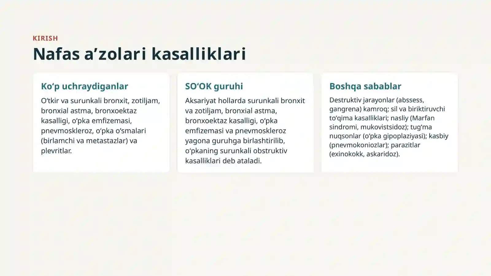 Bronxlar oʻtkazuvchanligining buzilish sindromi.Otkir va surunkali bronxit.Oʻpka emfizemasi.Bronxial asa krupoz va oʻchoqli zotiljam 3