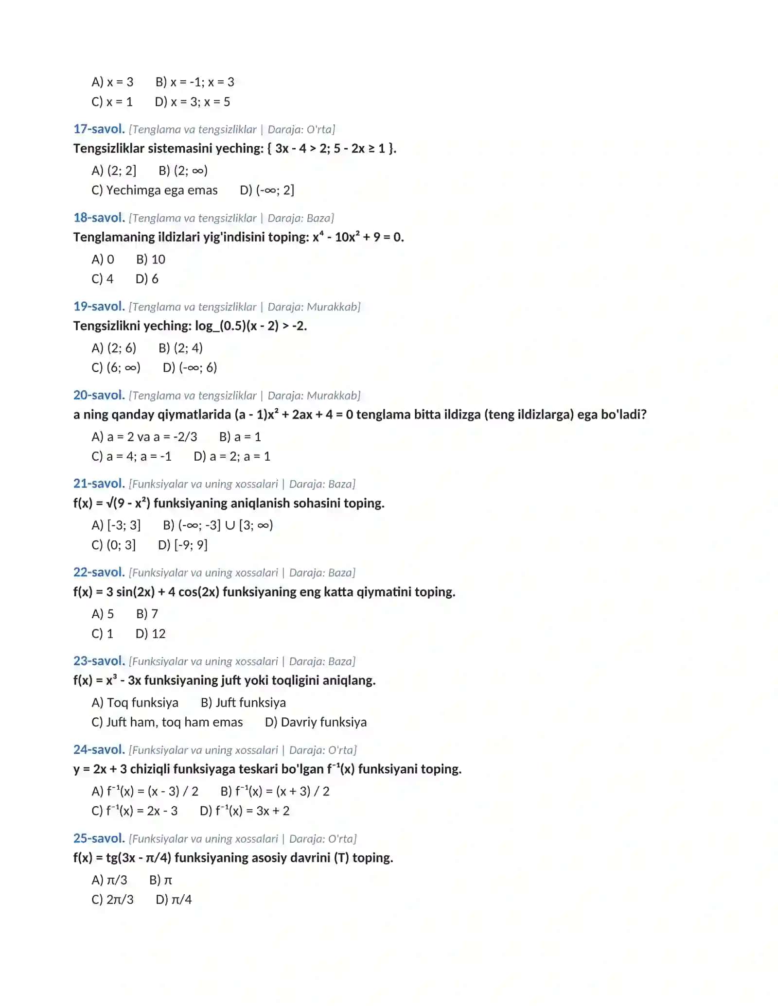 MATEMATIKADAN MILLIY SERTIFIKAT VA ATTESTATSIYA IMTIHONI BO'YICHA NAMOUNAVIY TEST SINOVI 3