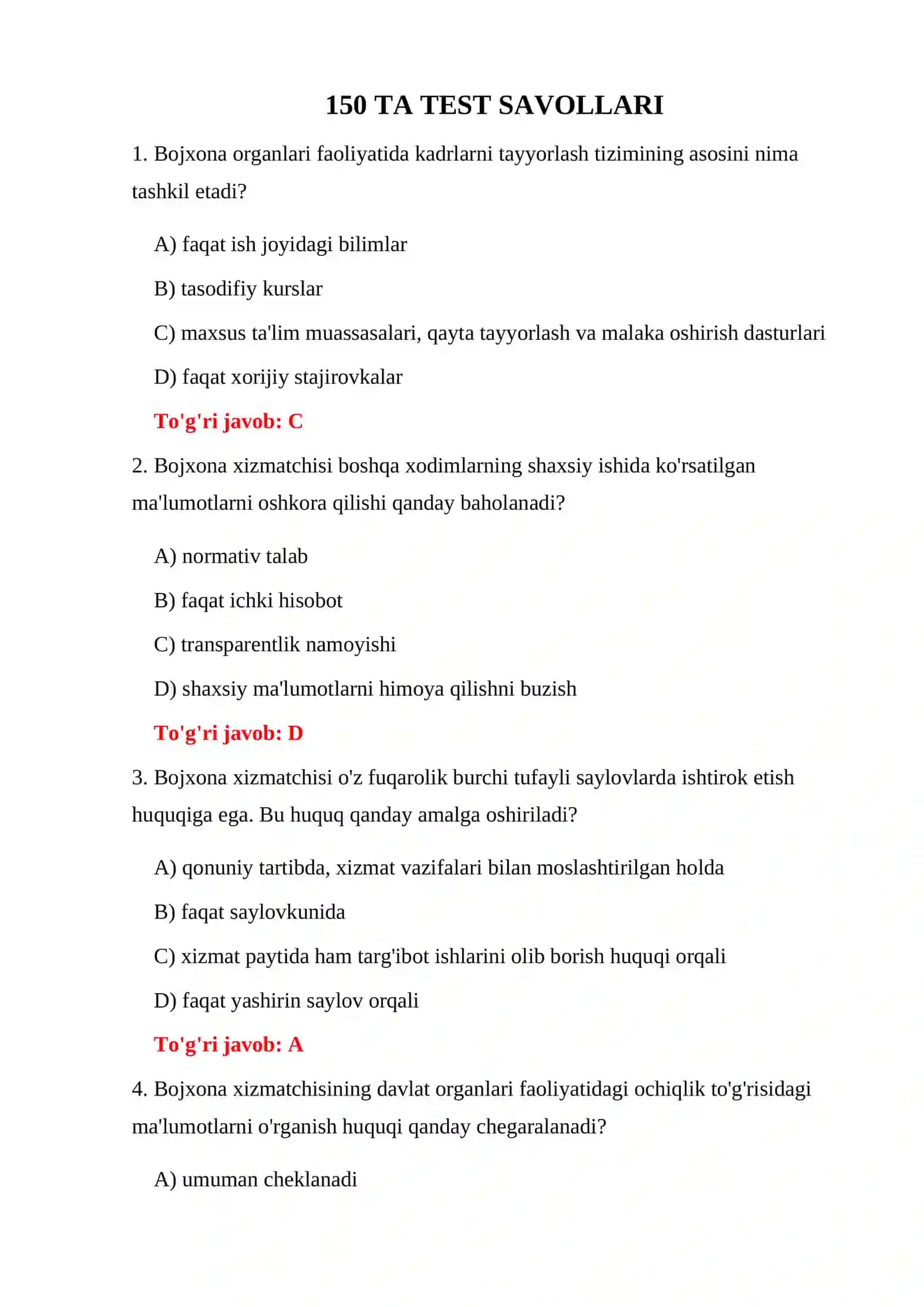 BOJXONA XIZMATINING ASOSIY VAZIFALARI TESTLARI 3