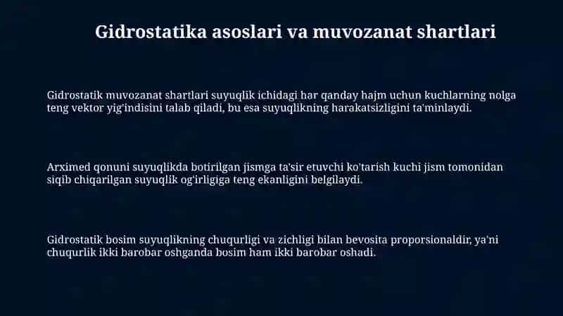 Gidromexanika va gidorstatik suyuqlik harakati va muozanat tenglamasi 3