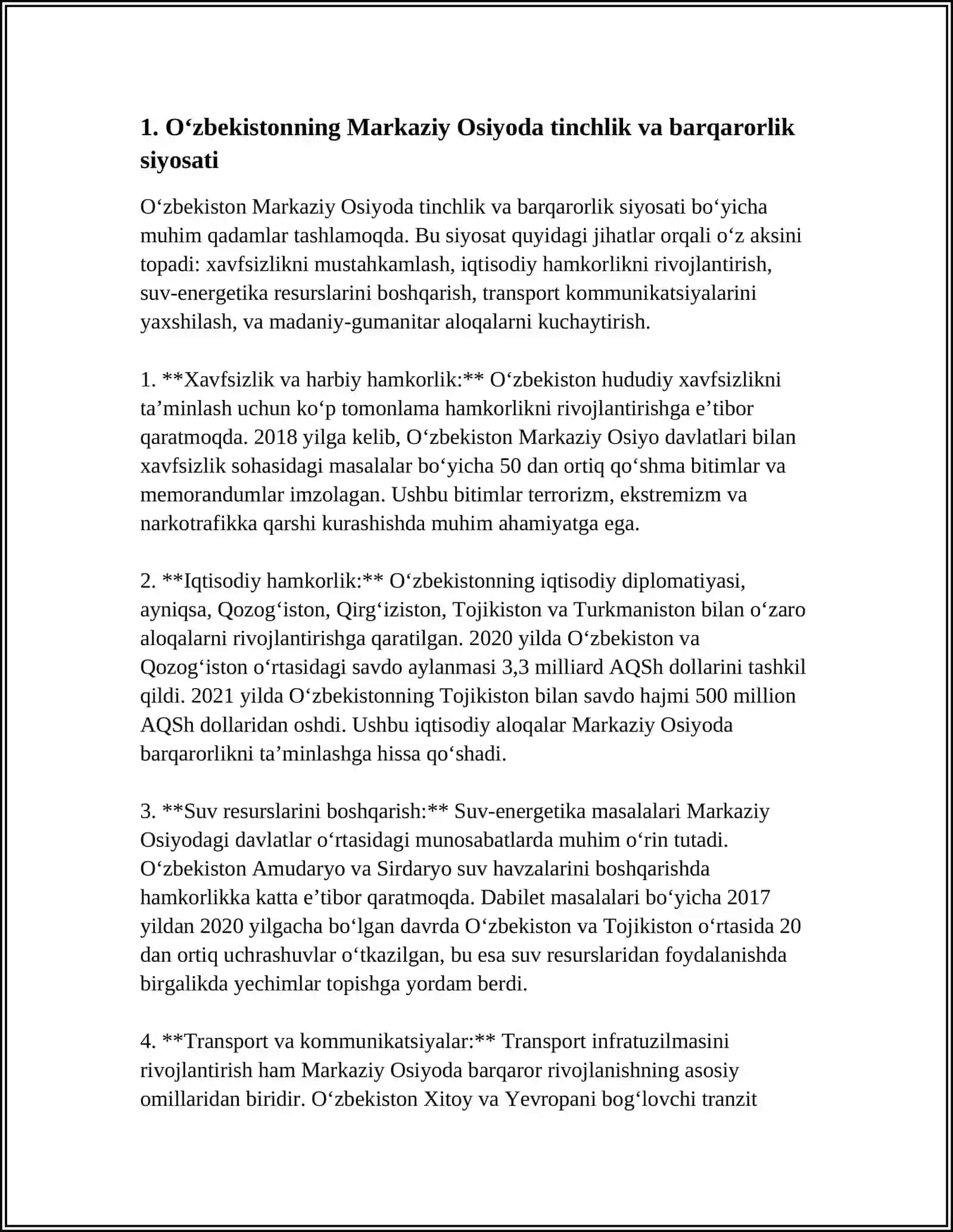 O'ZBEKISTONNING MARKAZIY OSIYODA TINCHLIK VA BARQARORLIKNI TA'MINLASHDAGI O'RI 3