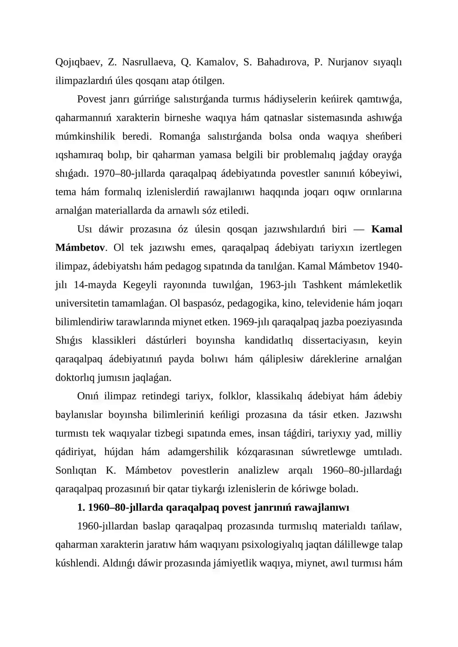 1960–80-jıllardaǵı qaraqalpaq povestleri: K. Mámbetov shıǵarmaları 3