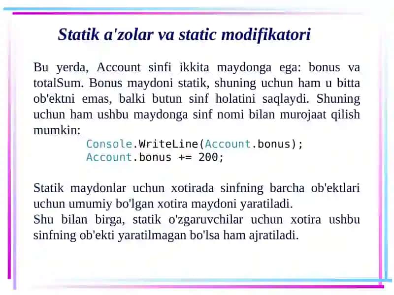 Statik a'zolar va static modifikatori 3