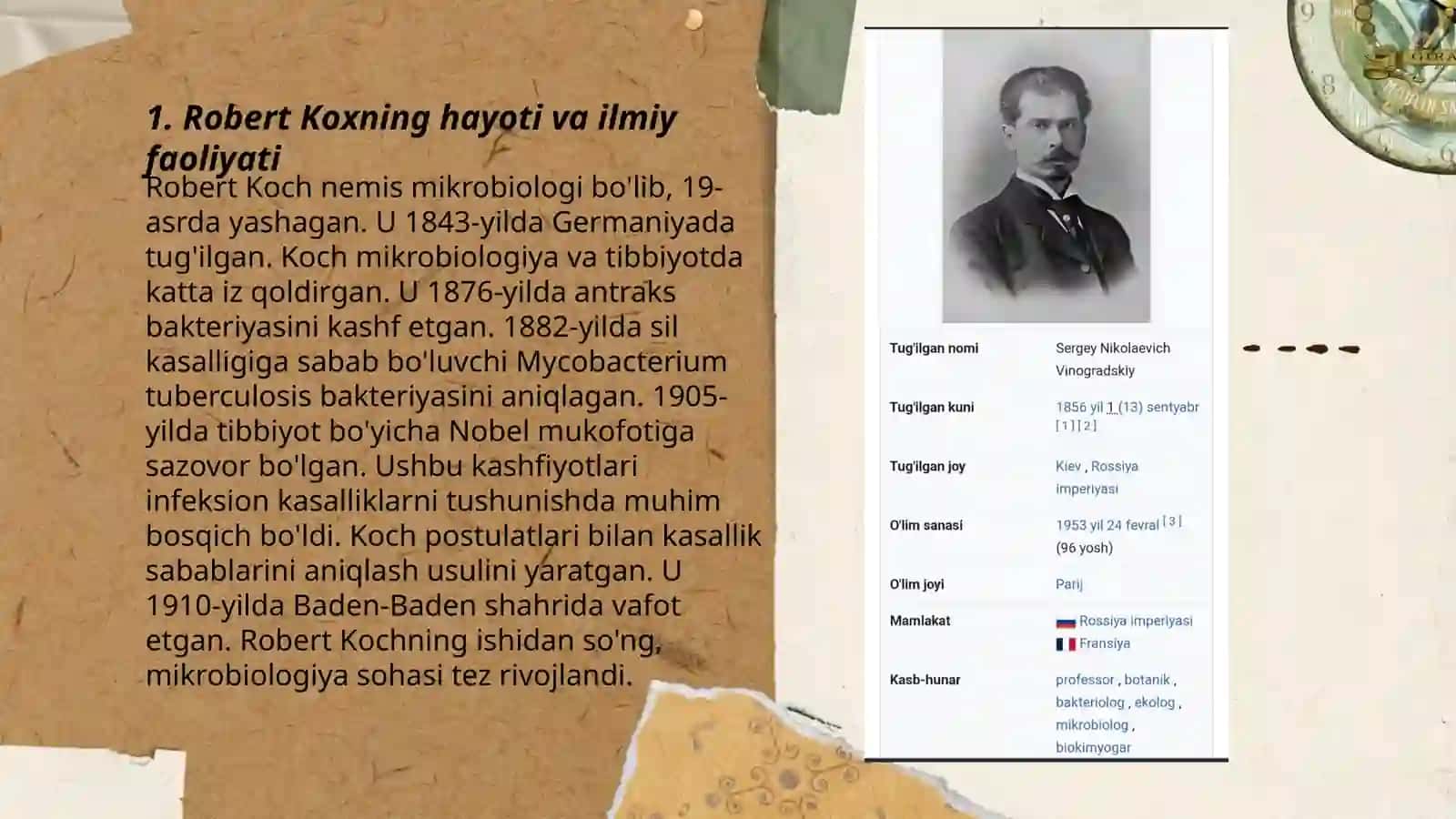 Robert Kox va S.N.Vinogradkiyning mikrobiologiya rivijlantirishda qo'shgan hissasi 3