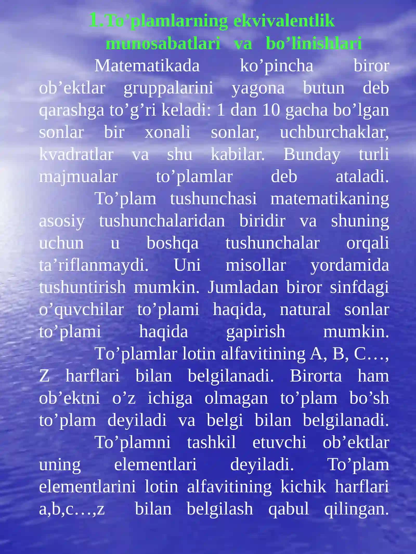 Ekvivalentlik munosabatlarining to'plamlarni sinflarga ajratish bilan aloqasi 3
