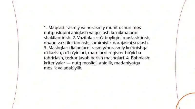 Fikrni turli nutqiy sharoit va vaziyatga mos ifodalash mashqlarini ishlab chiqish 3
