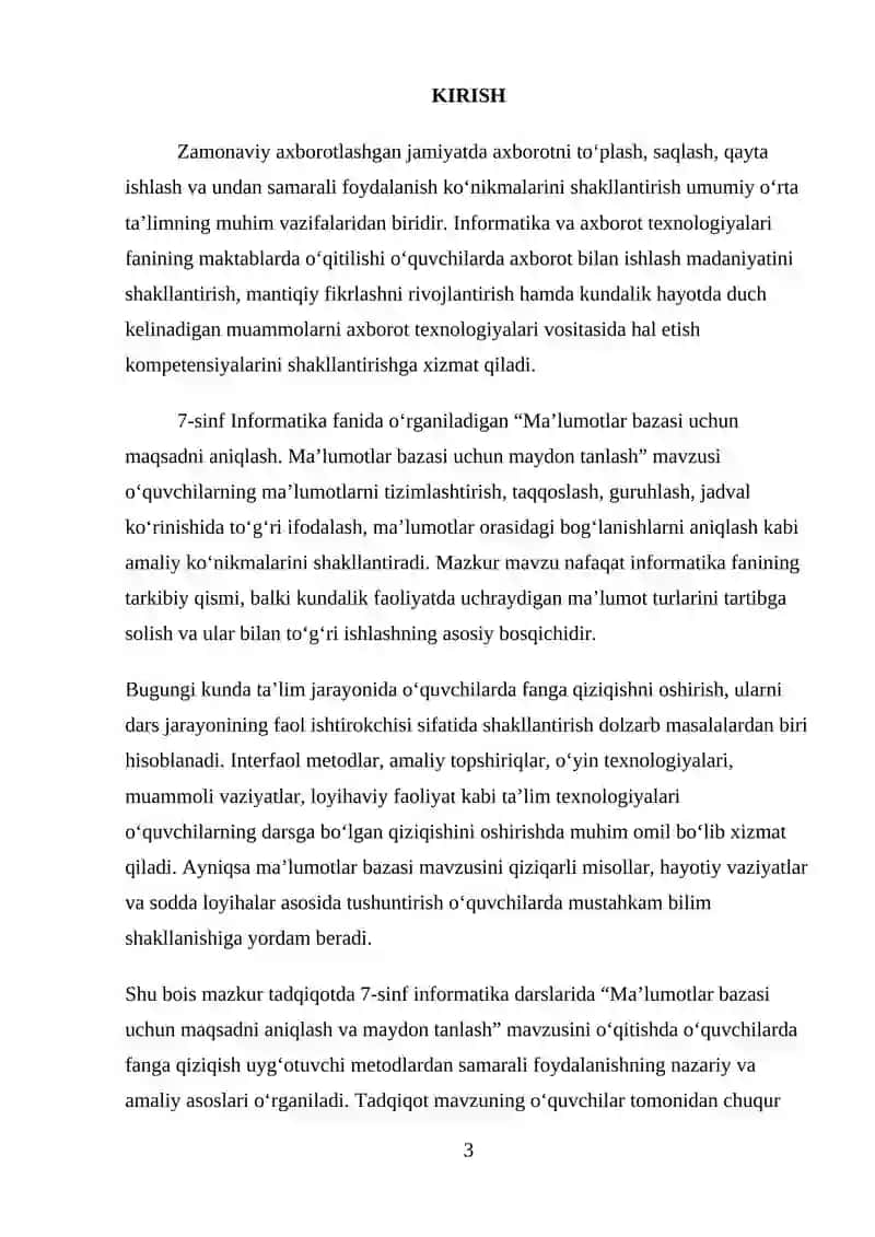 Umumiy orta talim maktablarining 7-sinfida Informatika va AT fanidan “Ma’lumotlar bazasi uchun maqsadni aniqlash. Ma’lumotlar bazasi uchun maydon tanlash” mavzusini o‘qitishda fanga qiziqturivchi metodlardan foydalanish 3