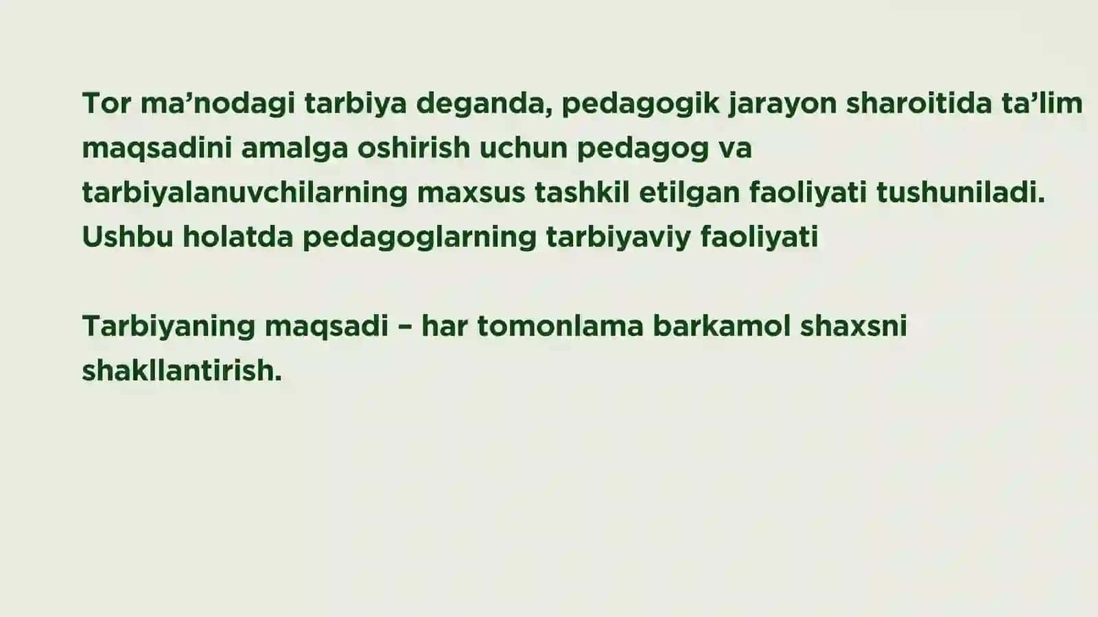Tarbiya nazariyasi.  Boshlang‘ich ta’limda o‘quvchilarning ilmiy dunyoqarashini shakllantirish.  Aqliy tarbiya.  Boshlang‘ich ta’limda tarbiya turlari.  Boshlang‘ich sinflarda o‘quvchilar jamoasini shakllantirish bosqichlari.  Ta’lim muassasasi menejmenti.  Boshlang‘ich ta’limda Xalqaro baholash dasturlari (Programme for the International Assesment). Boshlang`ich ta’limda Korreksion pedagogika asoslari. 3