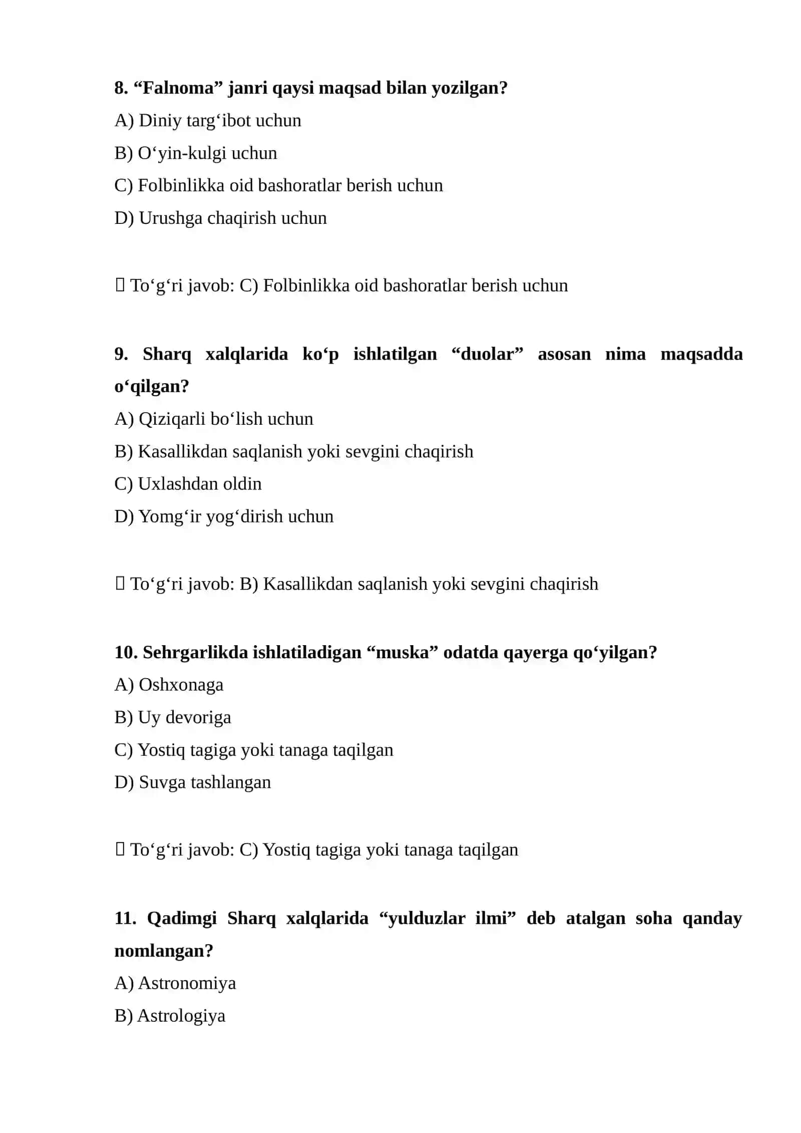 Sharq xalqlarining folbinlik va sehrgarlik anʼanalari haqida test 3