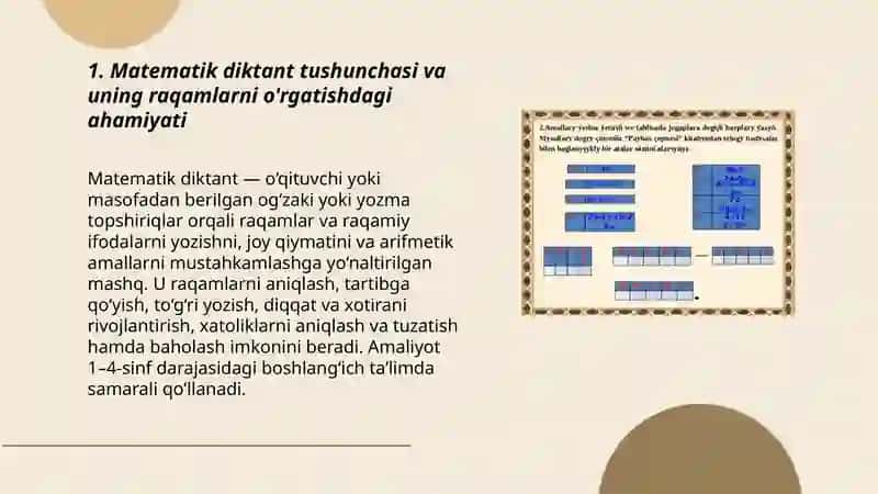 Matematik diktant tushunchasi va raqamlarni o'rgatish 3