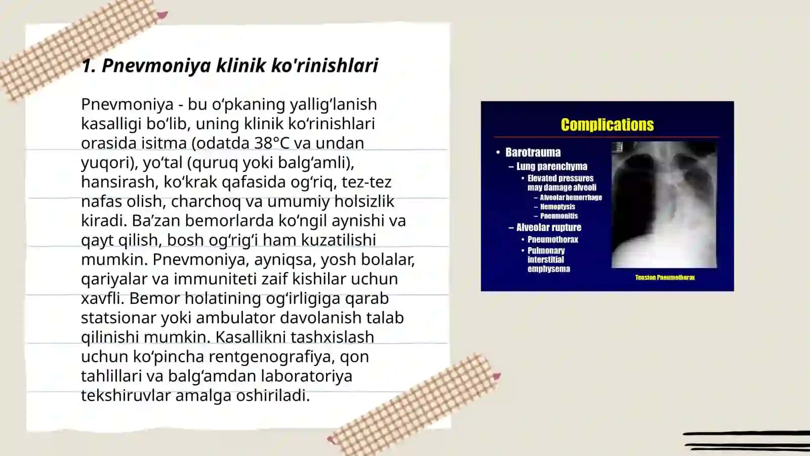 Pnevmoniya, o'pka abssessi, o'pka raki, o'pka exinokokki klinik ko'rinishlari va shakllari, tekshirish usullari asoratlari 3