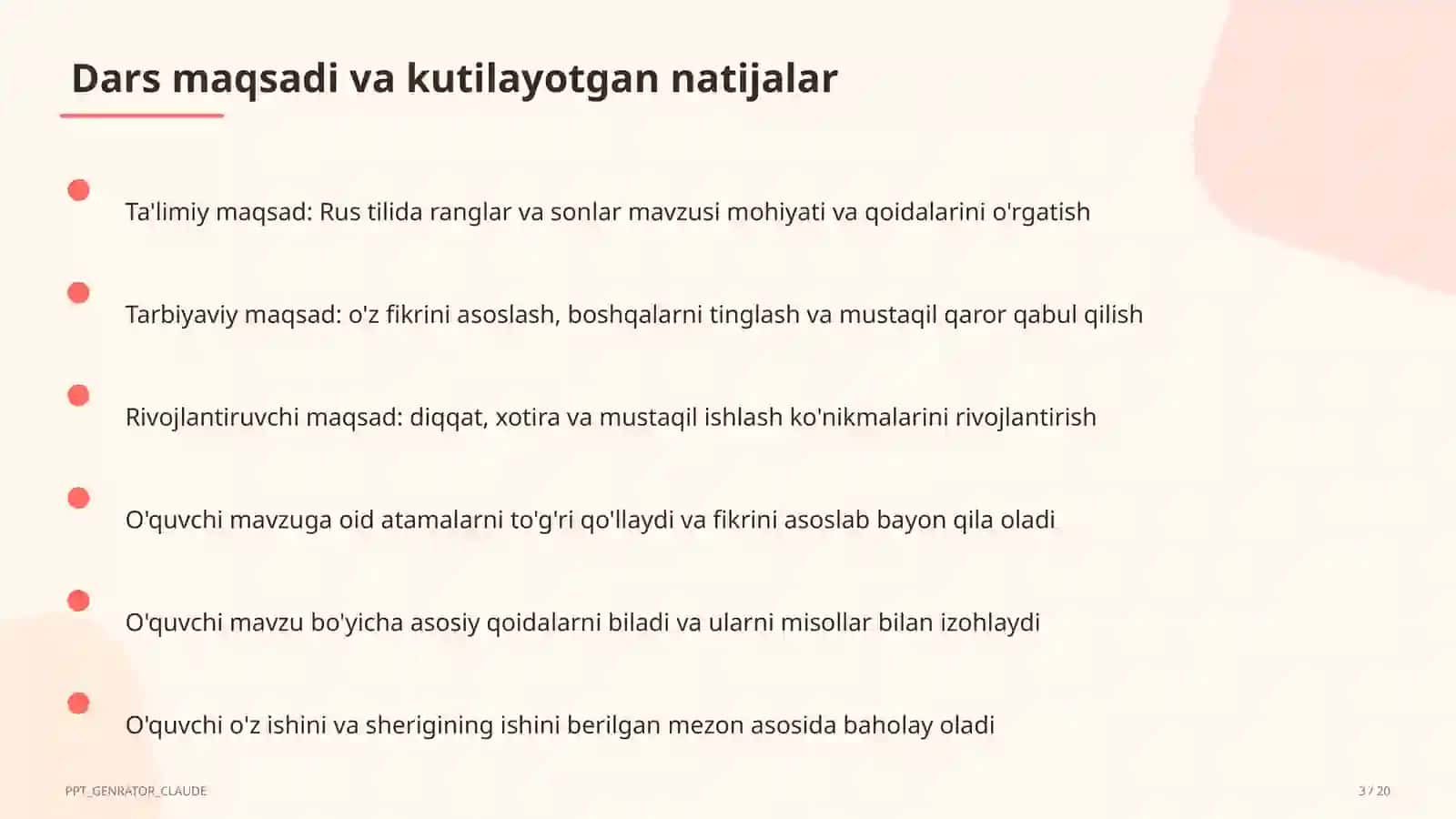 Rus tilida ranglar va sonlar (2-sinf) 3