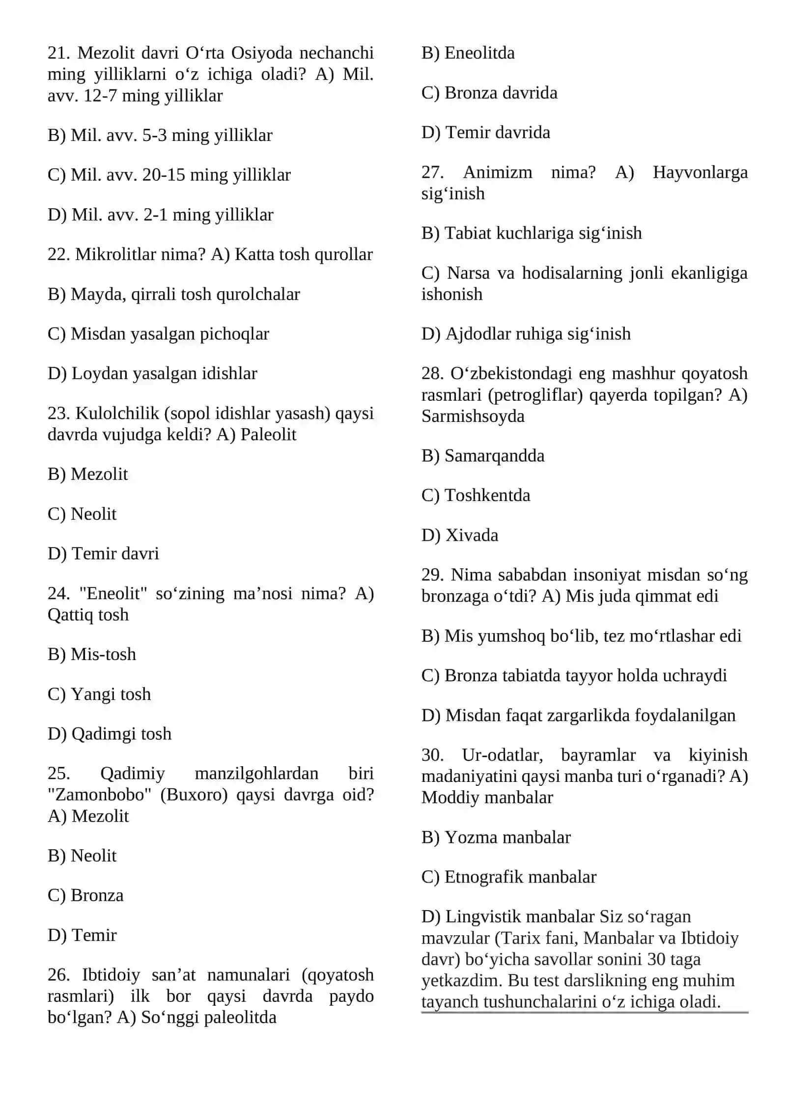Tarix va Ibtidoiy Davr (30 talik Blok Test) 3