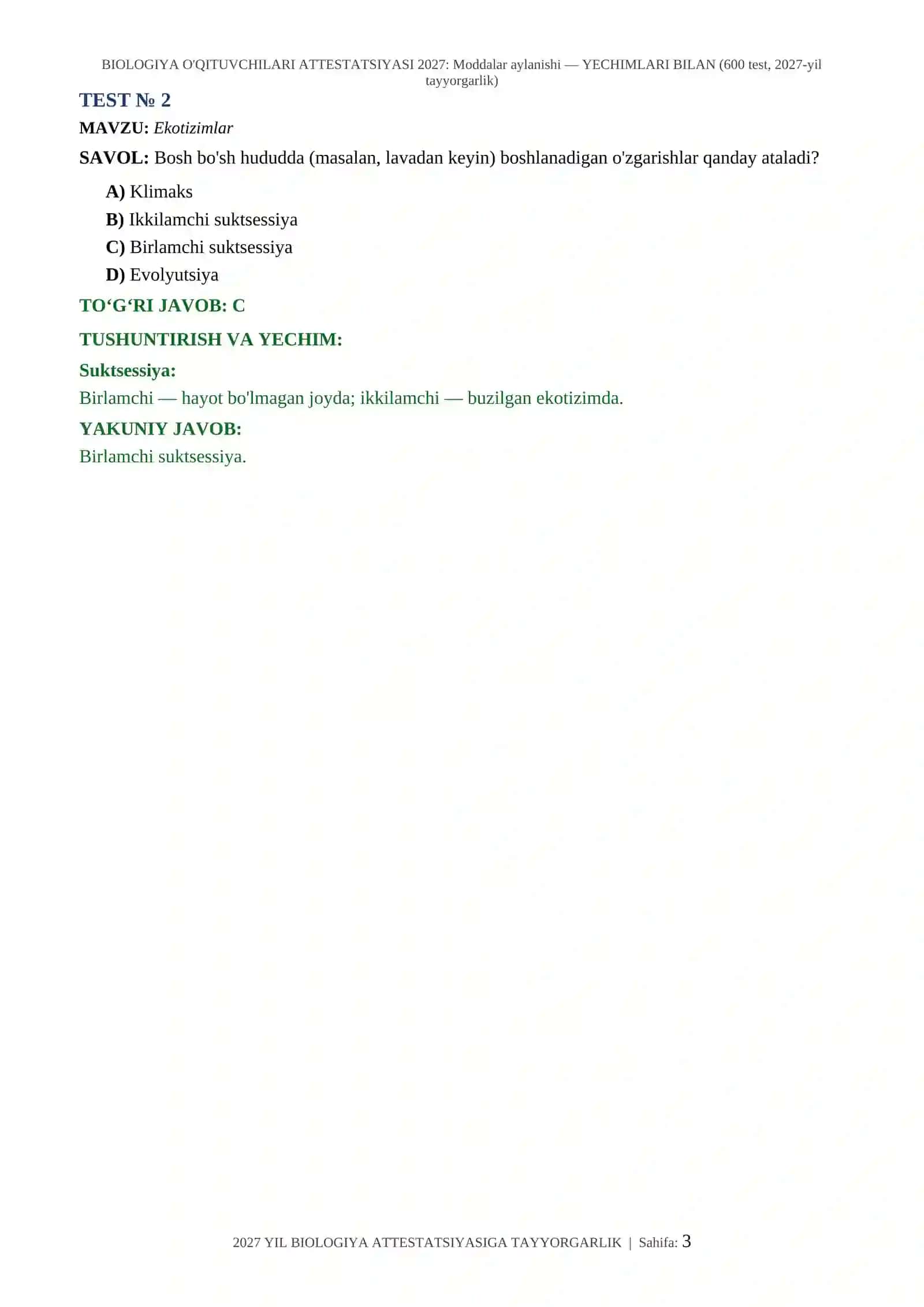 BIOLOGIYA O'QITUVCHILARI ATTESTATSIYASI 2027: Moddalar aylanishi — YECHIMLARI BILAN (600 test, 2027-yil tayyorgarlik) 3