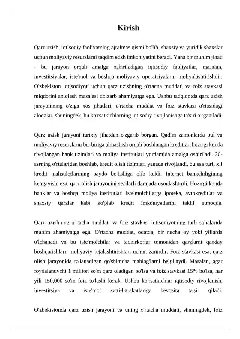 Qarz Uzishning O'rtacha Muddati va Foiz Stavkasi Miqdorini Aniqlash 3