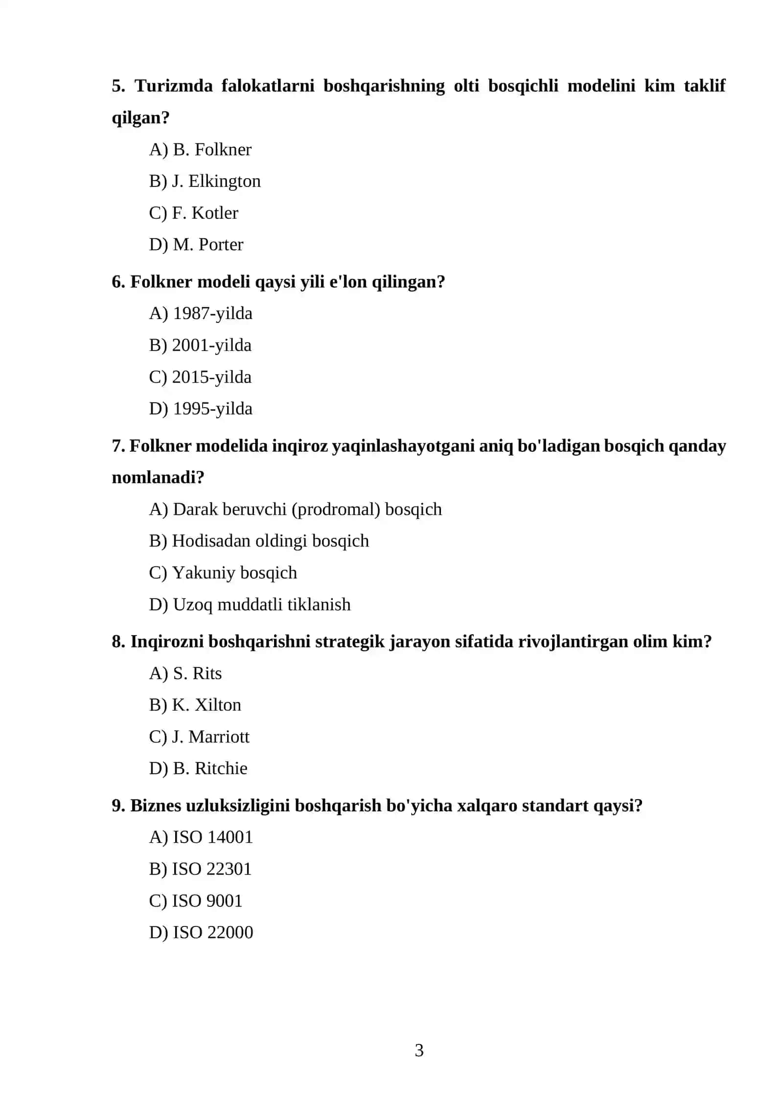 “Xalqaro mehmonxona menejmenti” fanidan TEST TOPSHIRIQLARI 3